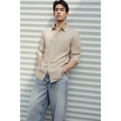 柜329！ZA26春夏新品 男装 修身直筒棉麻混纺长袖衬衫1063411 052