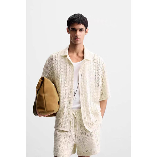 2025新款 夏季新品 男装 度假风镂空钩针短袖纹理衬衫3772410 251