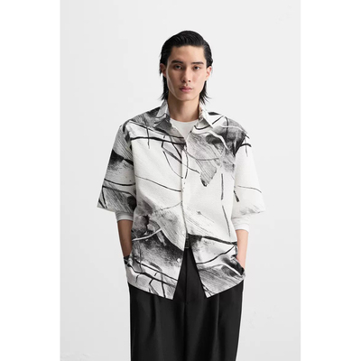 2025夏季新品 男装 宽松凉感简约印花短袖泡泡纱衬衫7380554 020