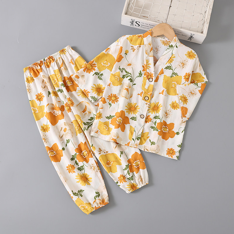 夏季七分袖儿童宝宝棉绸薄款睡衣男童女童绵绸男孩空调家居服套装