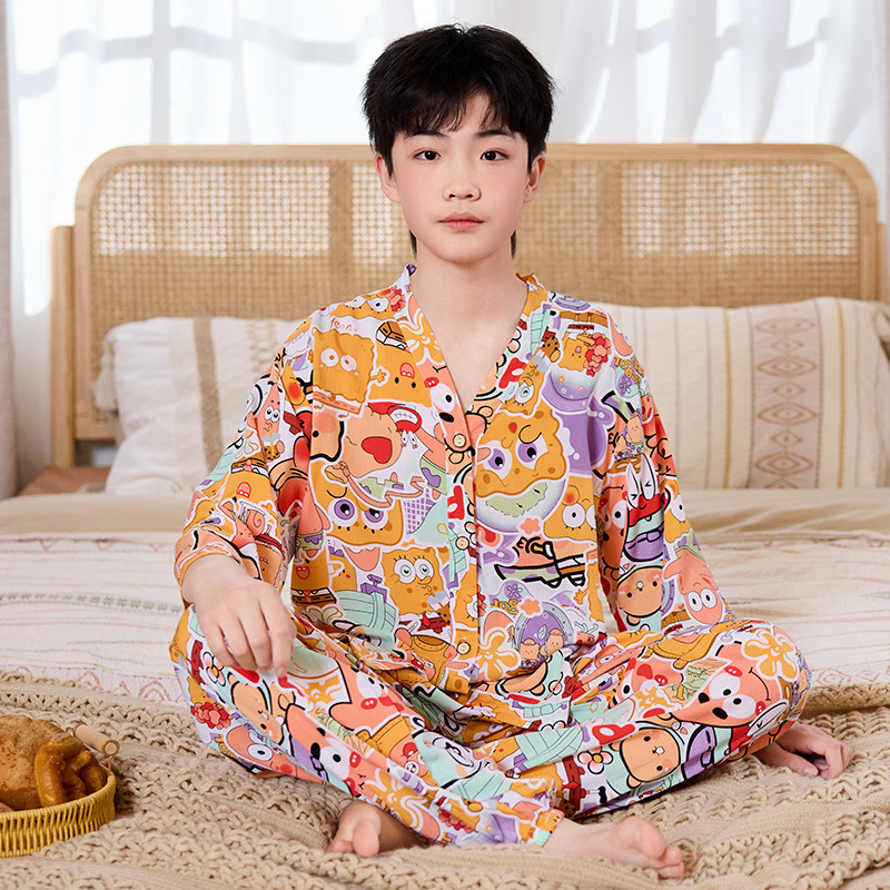 夏季青少年棉绸睡衣七分袖家居服绵绸套装男童男孩薄款空调服