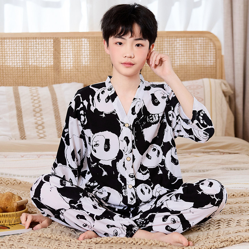 夏季七分袖棉绸睡衣男童男孩青少年绵绸薄款大童初中生家居服套装