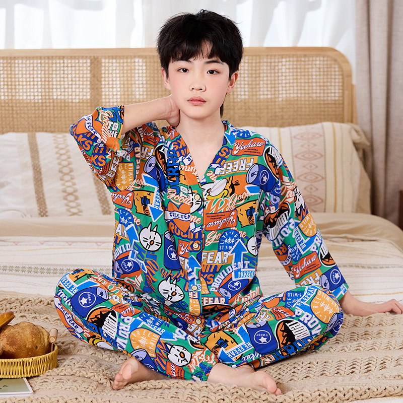 男童女童薄款七分袖青少年夏季绵绸睡衣棉绸初中生空调家居服套装