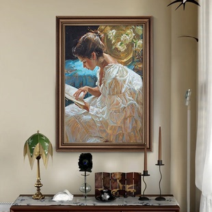 法式 复古客厅纯手绘油画少女看书人物走廊壁画 挂画玄关装 饰画美式