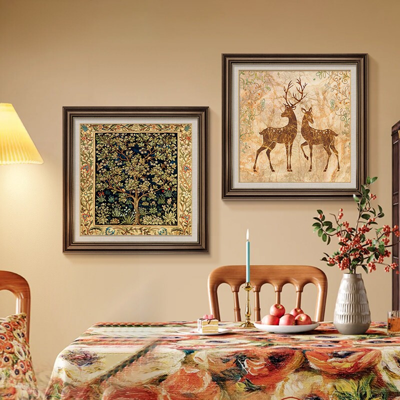 美式餐厅装饰画欧式复古油画幸福树饭厅背景墙挂画小众高级感壁画