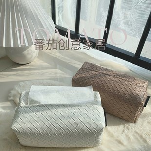 轻奢编织纹皮质纸巾盒民宿家用车载茶几抽纸盒餐巾纸收纳盒ins风