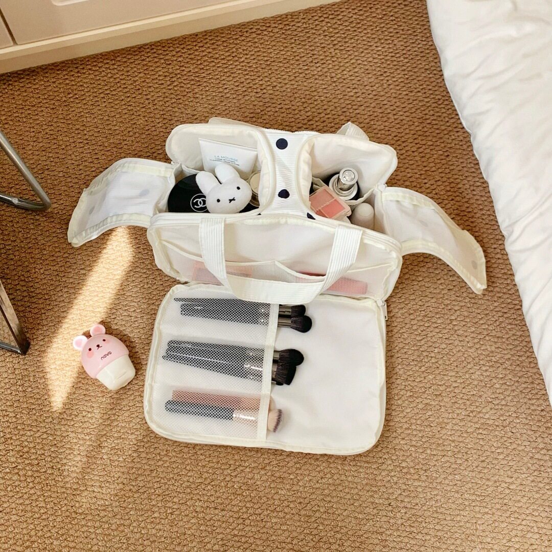 韩系波点化妆包大容量双开口分区手提收纳包女旅行便携洗漱化妆包图片