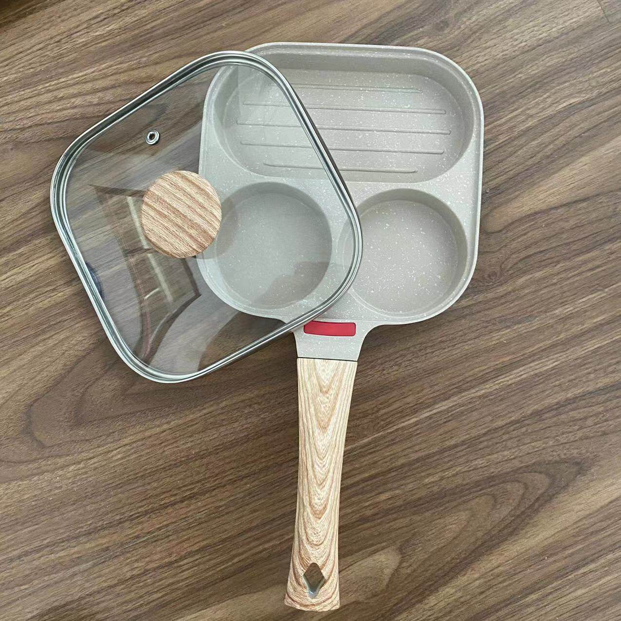 跨境带盖四孔煎蛋锅不粘锅家用早餐锅麦饭石平底锅迷你煎锅煎蛋器