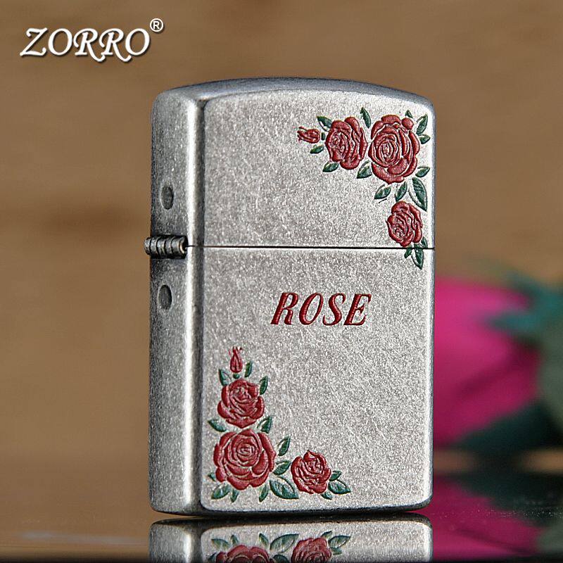 佐罗玫瑰防风煤油打火机纯铜古银高颜值砂轮个性创意潮定制送老公