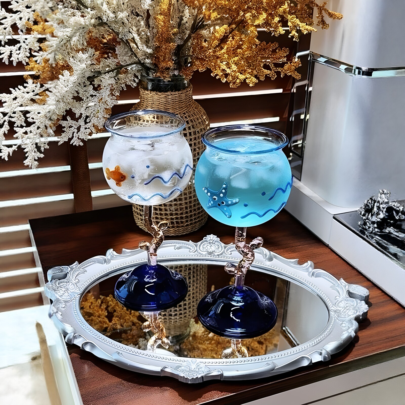 海星金鱼酒杯家用高颜值玻璃高脚杯香槟红酒鸡尾酒高级感一套摆件
