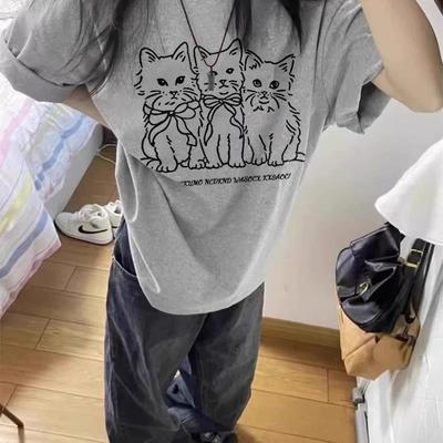 纯棉灰色短袖t恤女2025新款夏季美式高街设计感小众宽松半袖上衣