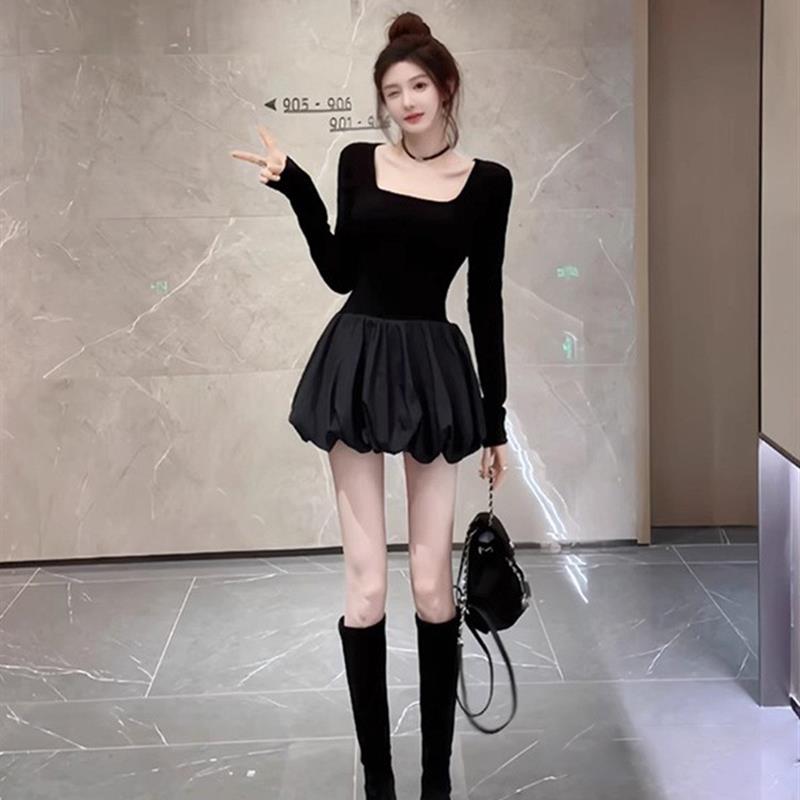 黑色性感巨显瘦连衣裙收腰法式方领后背网纱打底花苞裙女长袖短裙