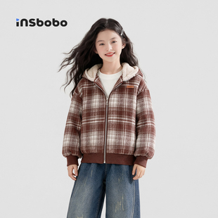 INSbobo童装女童外套2026秋冬新款棉服儿童连帽格子上衣冬装衣服