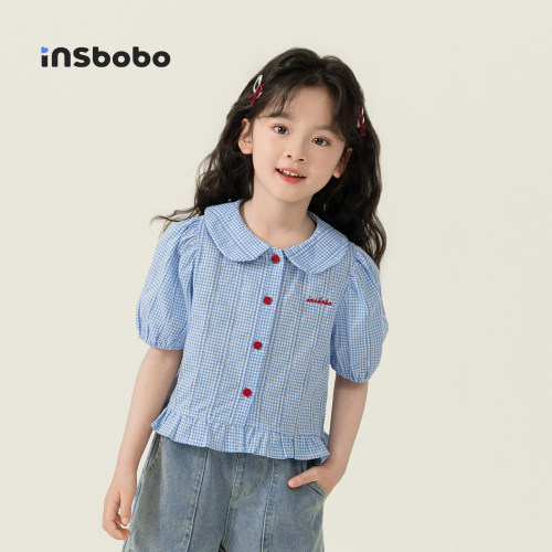 INSbobo儿童T恤格子娃娃领T恤