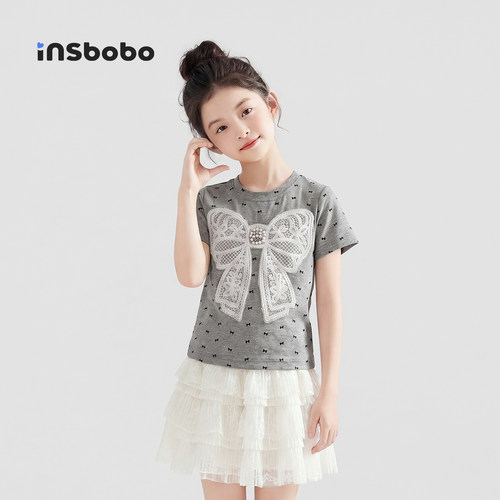 INSbobo儿童T恤蕾丝蝴蝶结T恤