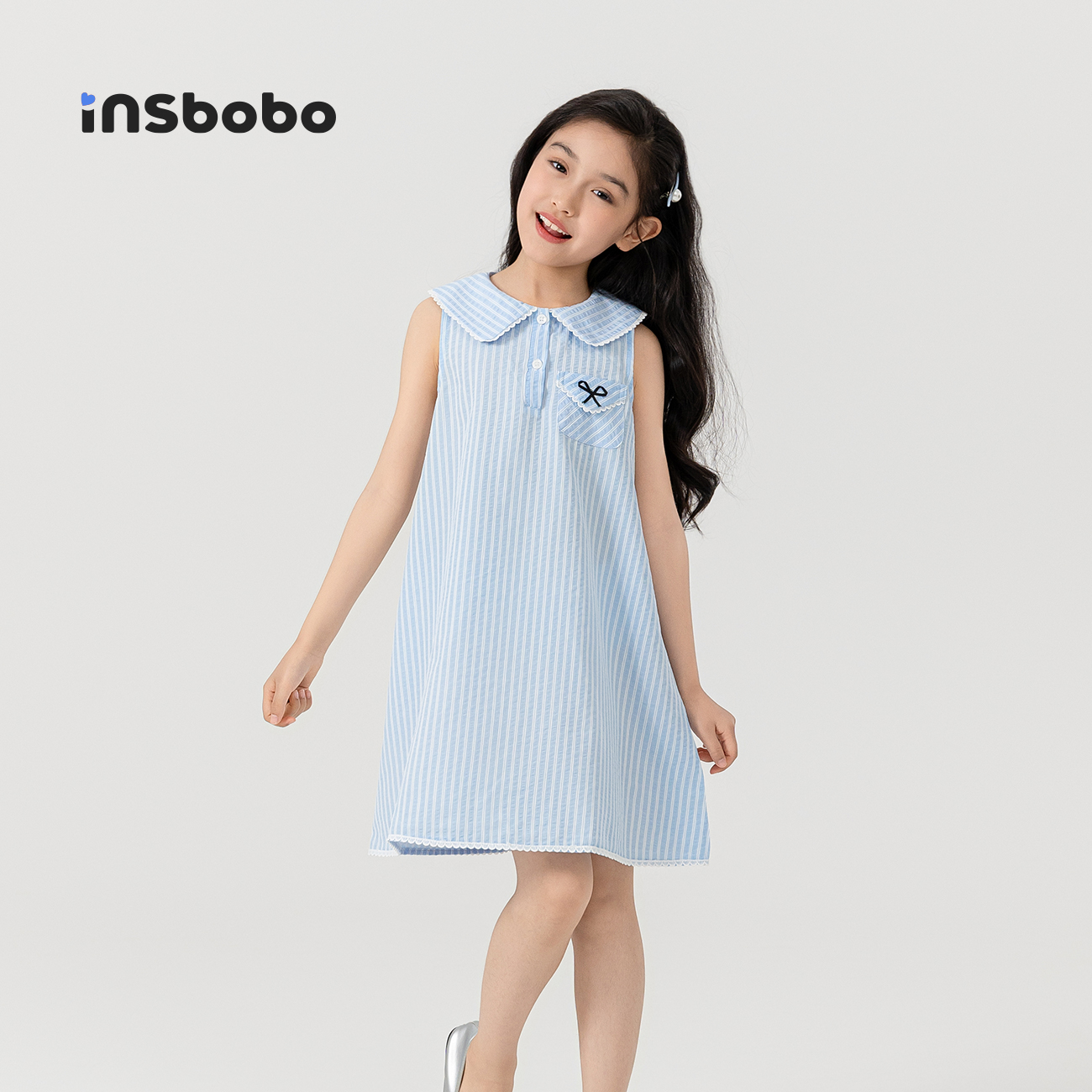 INSbobo童装女童连衣裙2025夏季新款洋气条纹无袖衬衫裙女孩裙子