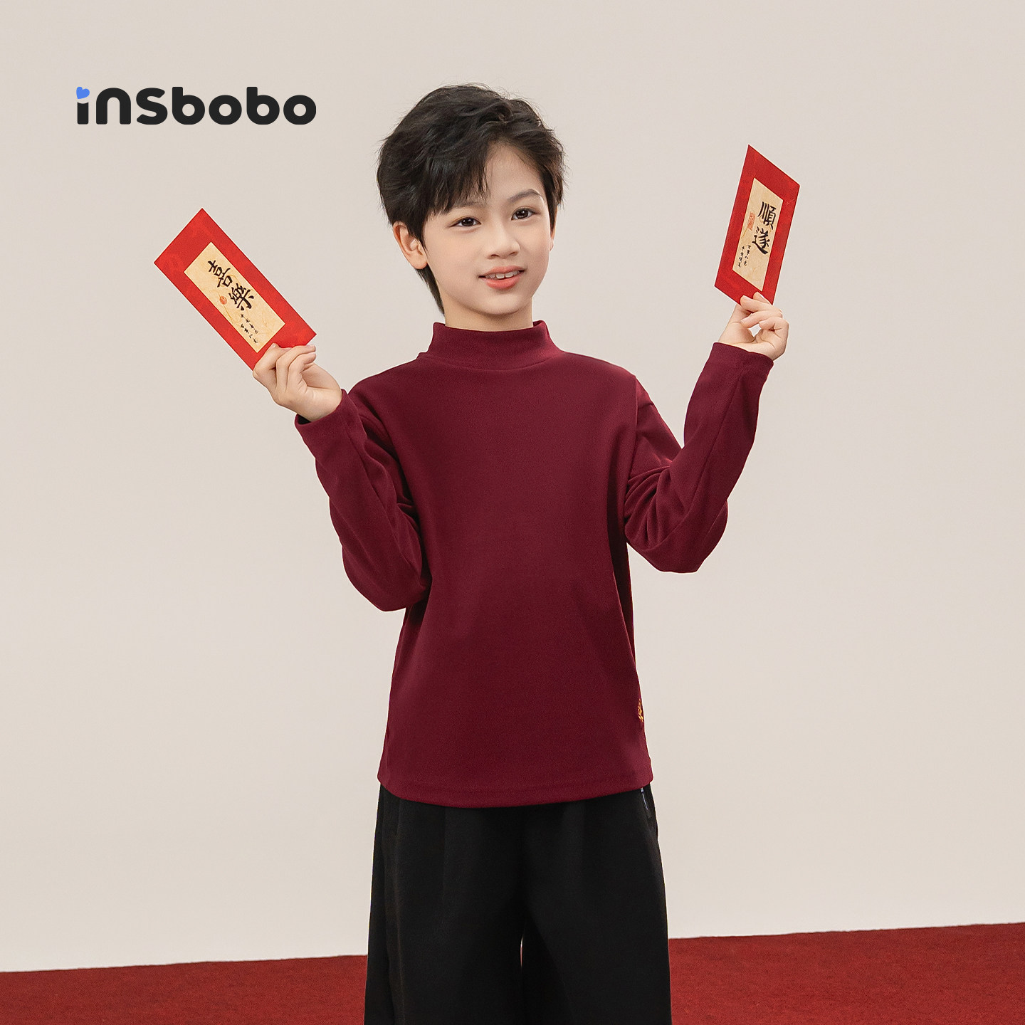 INSbobo儿童T恤纯色绣花打底衫