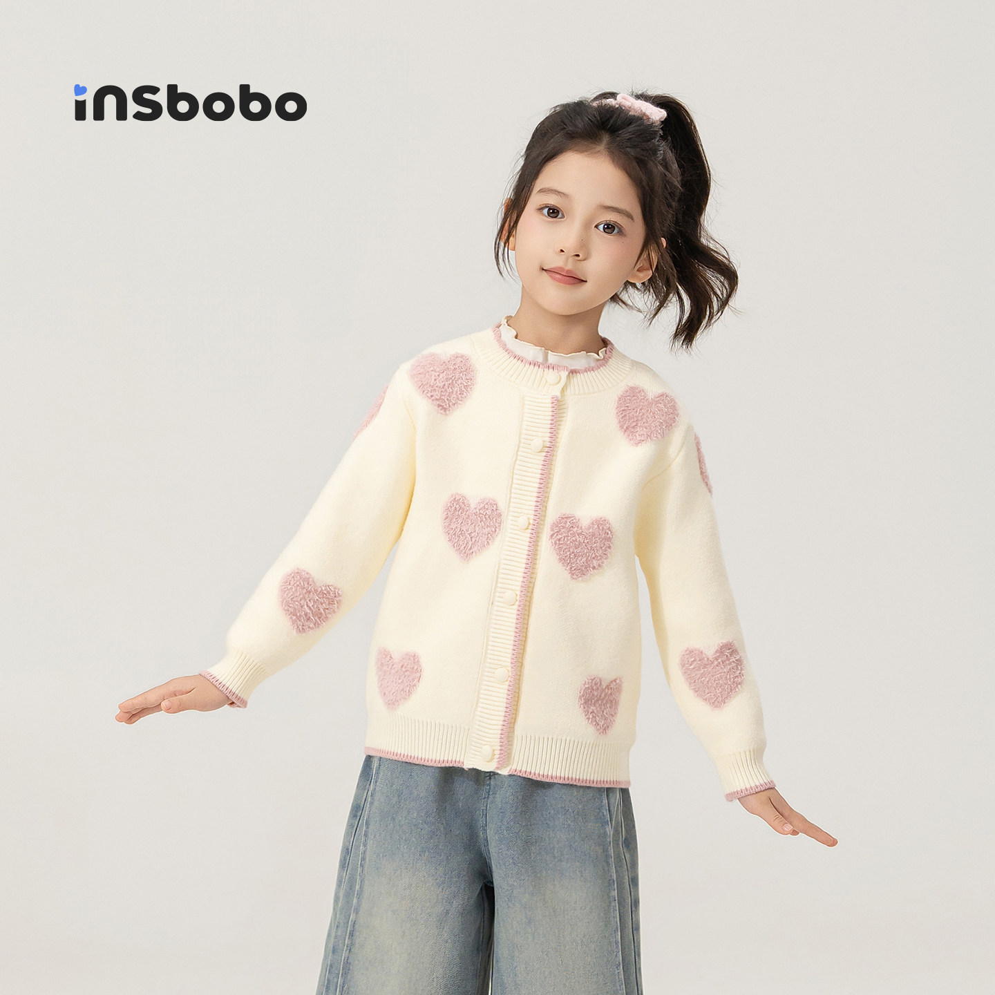 INSbobo童装女童毛衣外套儿童开衫秋冬新款女孩爱心针织衫毛线衣