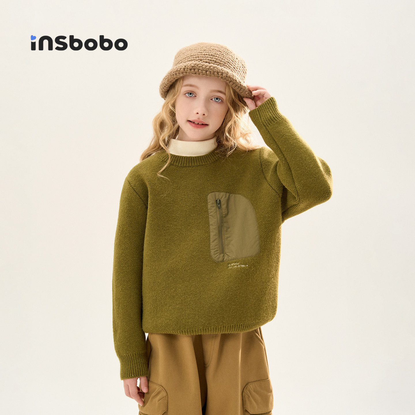 INSbobo儿童贴布口袋圆领毛衣