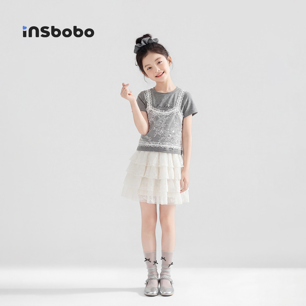 INSbobo童装女童套装夏季新款儿童假两件t恤女孩半身裙蛋糕裙夏装
