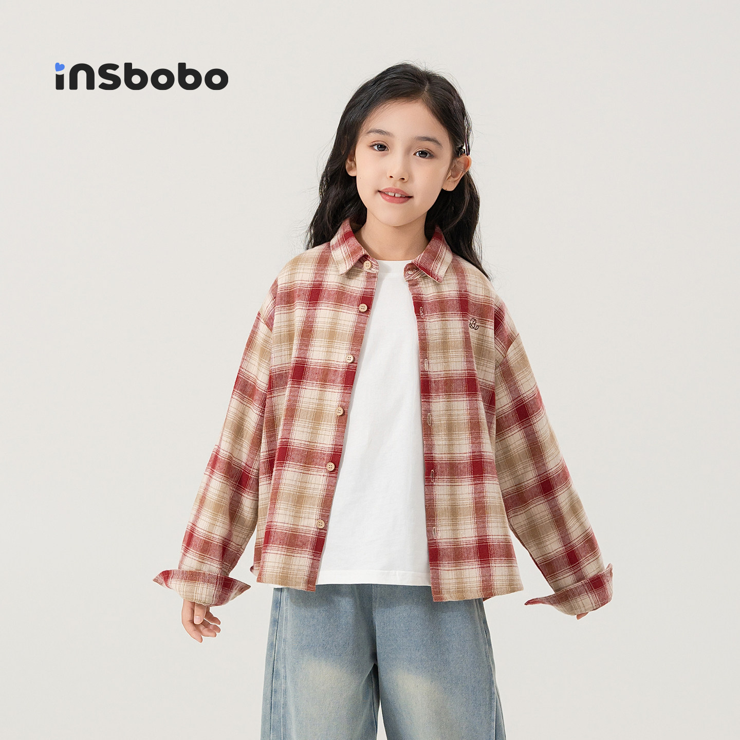 insbobo童装儿童衬衫新款女童格子衫男童上衣男孩女孩衣服春秋装