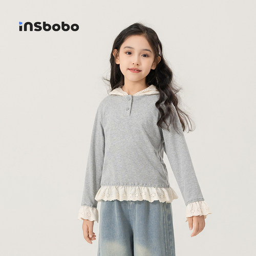 INSbobo儿童T恤休闲连帽花边T恤
