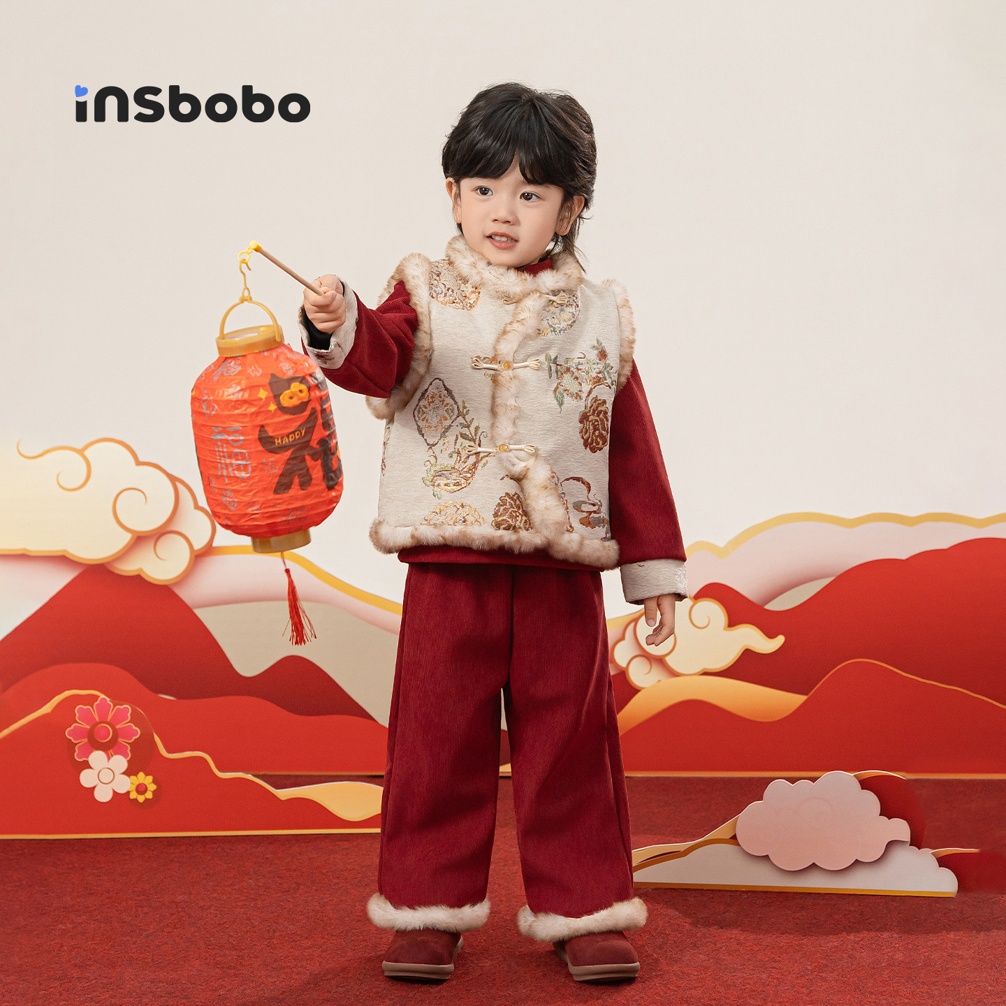 INSbobo童装儿童套装红色拜年服女童国风马甲t恤裤子男童过年衣服,童装/婴儿装/亲子装,唐装,淘宝优惠券,粉丝福利购,淘宝优惠卷