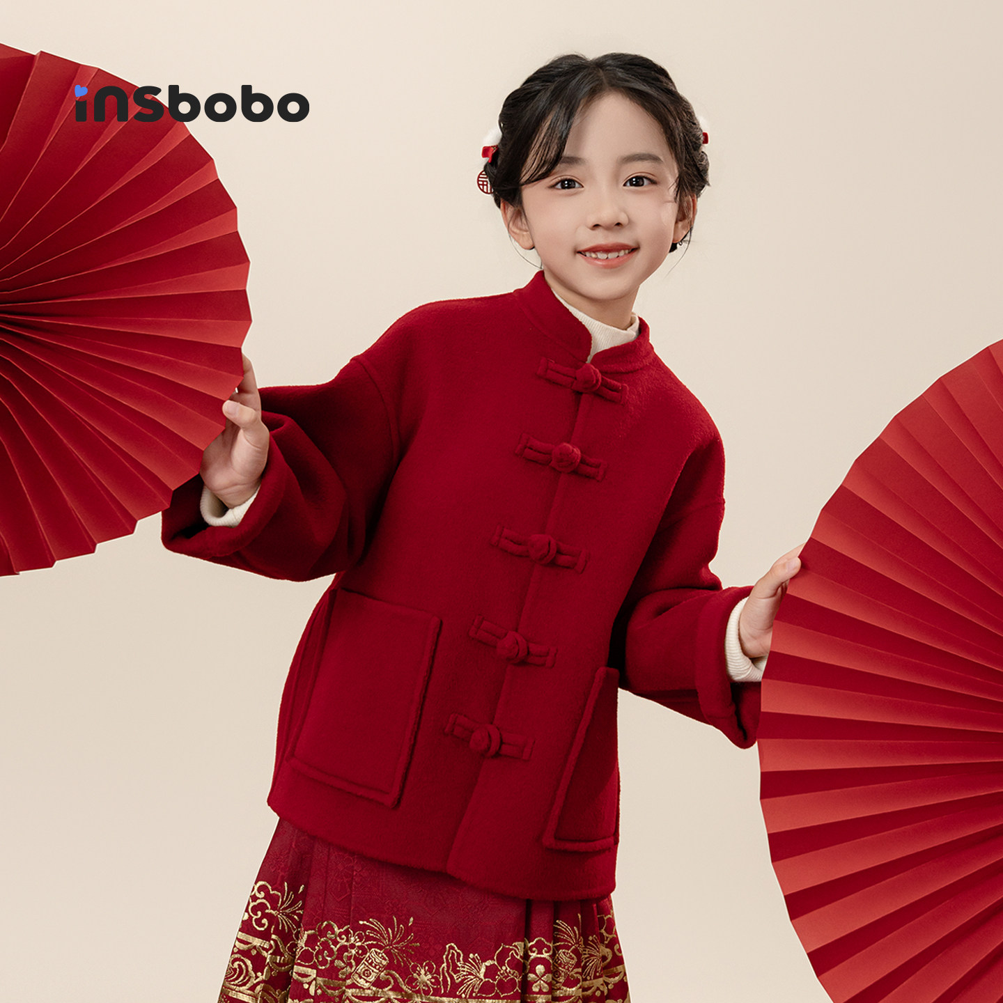 INSbobo女童外套呢大衣秋冬新款儿童新中式汉服唐装女孩红色童装,童装/婴儿装/亲子装,唐装,淘宝优惠券,粉丝福利购,淘宝优惠卷