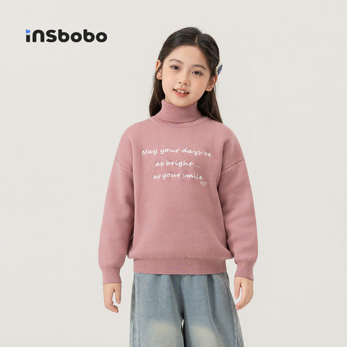 INSbobo儿童毛衣绣花高领毛衣