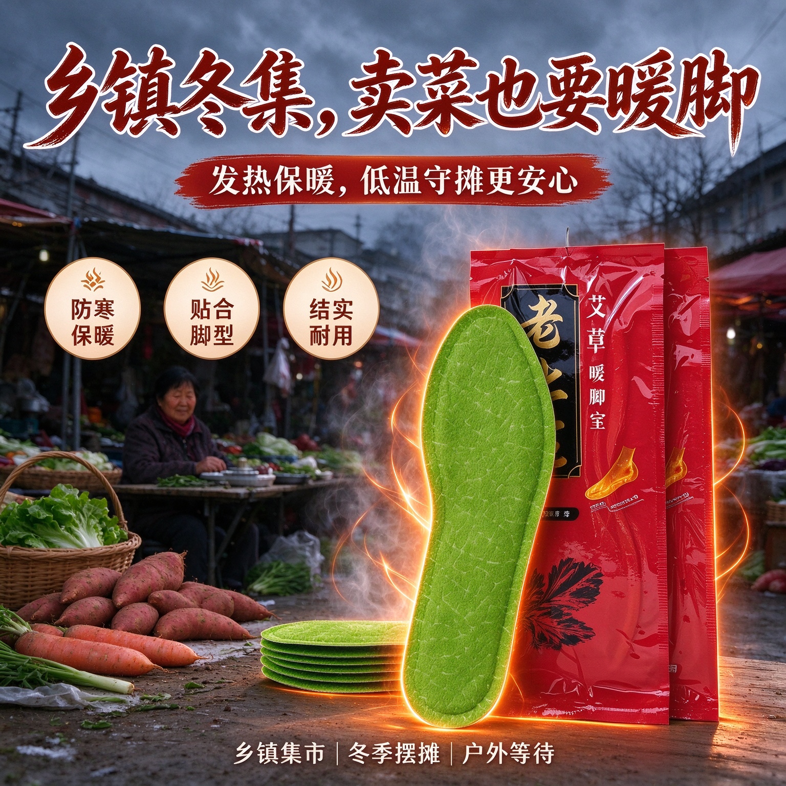 乡镇集市户外摆摊艾草自热鞋垫男女款暖脚冬季卖菜暖足贴园艺用品