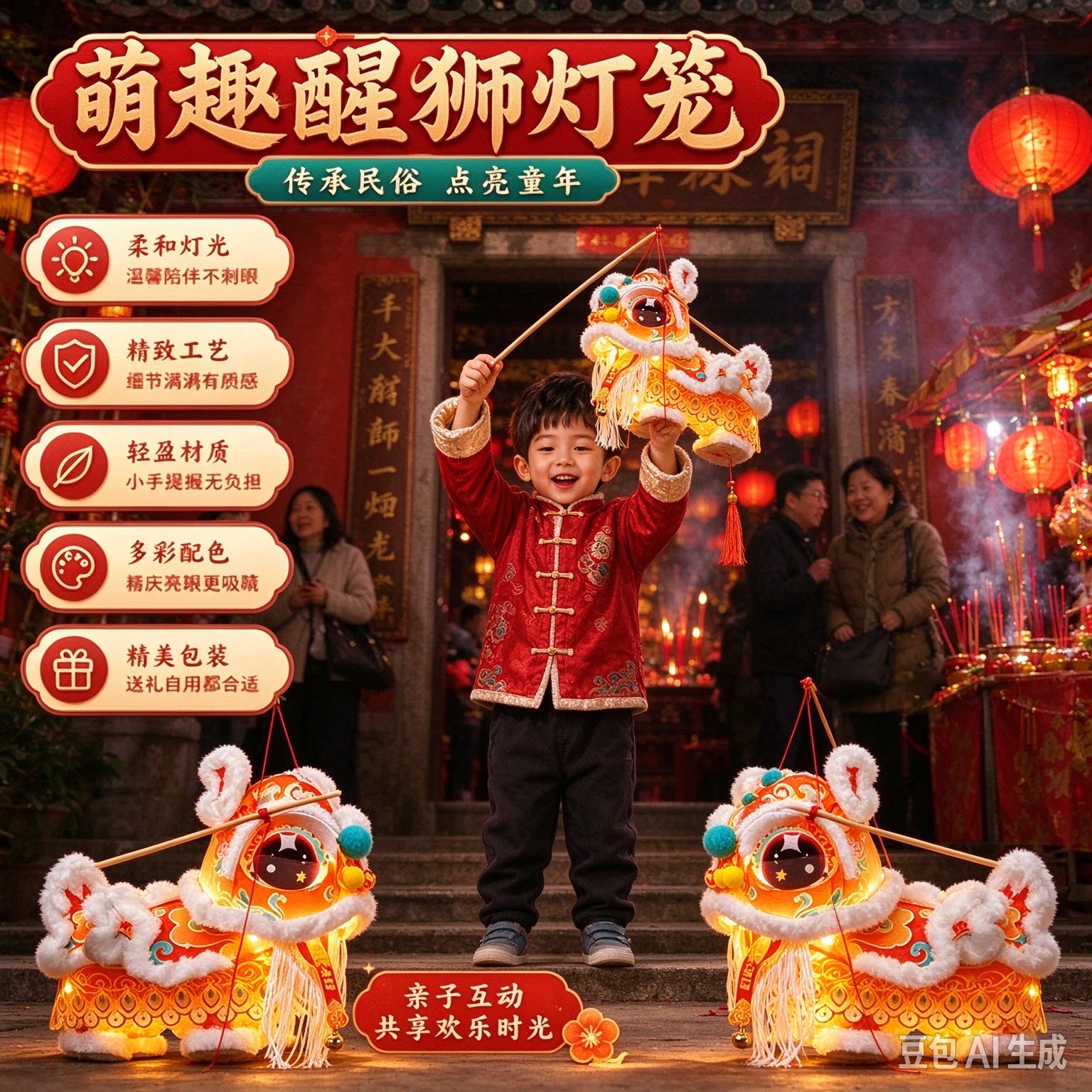 元旦跨年家庭手工醒狮花灯材料包春节国潮舞狮灯笼儿童送礼好物
