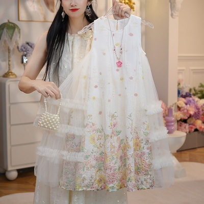 【BK】【送项链】夏季新款女童洋气度假风碎花网纱连衣裙HCF313