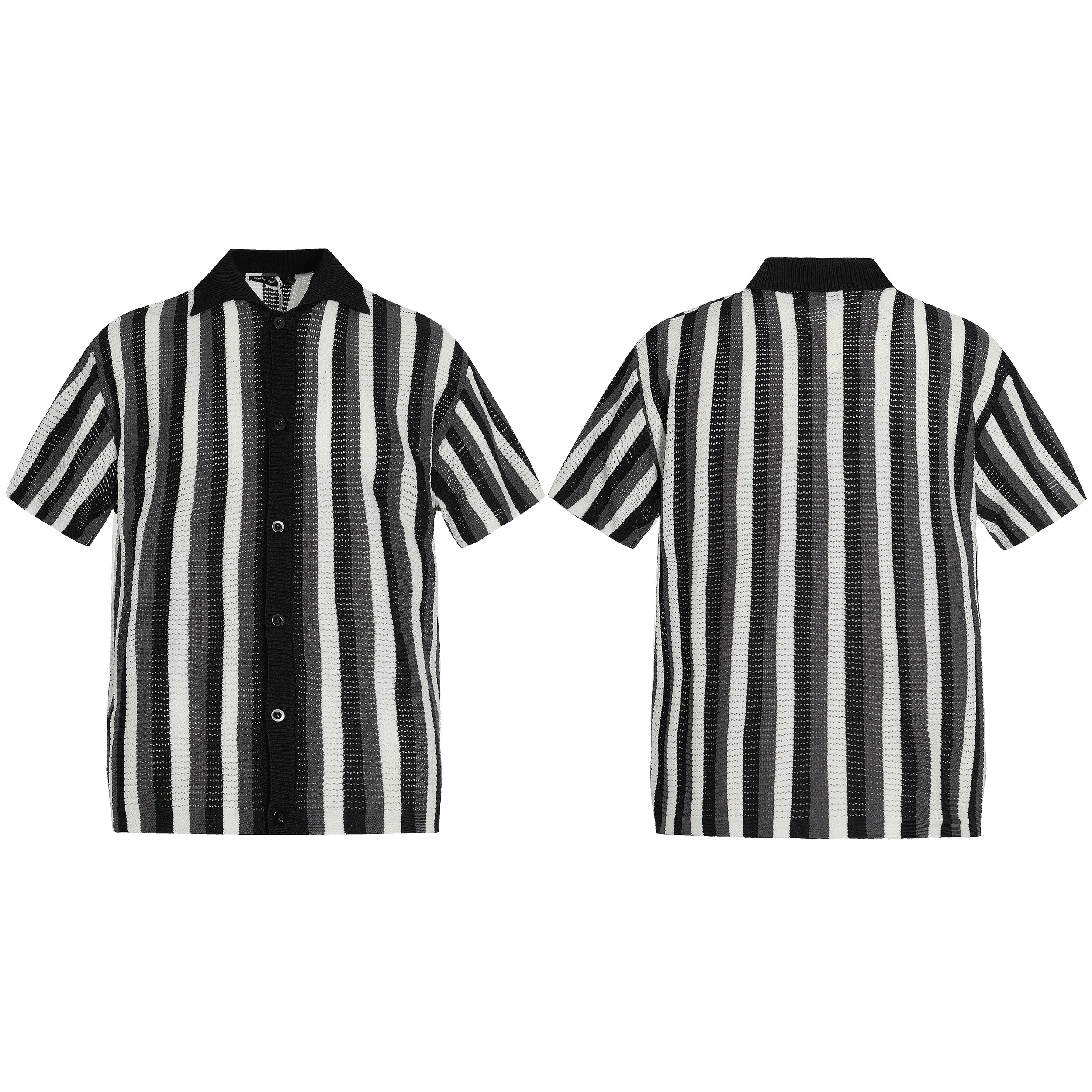 DECEYE 简约复古条纹拼色针织短袖衬衫男夏季老钱风镂空编织衬衣