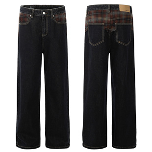 DECEYE 澳洲复古深色格纹拼接牛仔裤宽松高级感休闲直筒长裤子