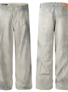 DECEYE 澳洲高定脏白色香蕉弯刀牛仔裤潮牌男宽松阔腿水洗做旧