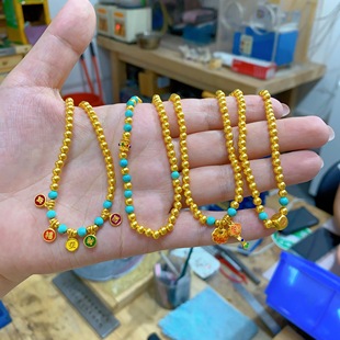 新品珐琅彩圆珠黄金包银项串可diy如意绿松石金包银手链两用款