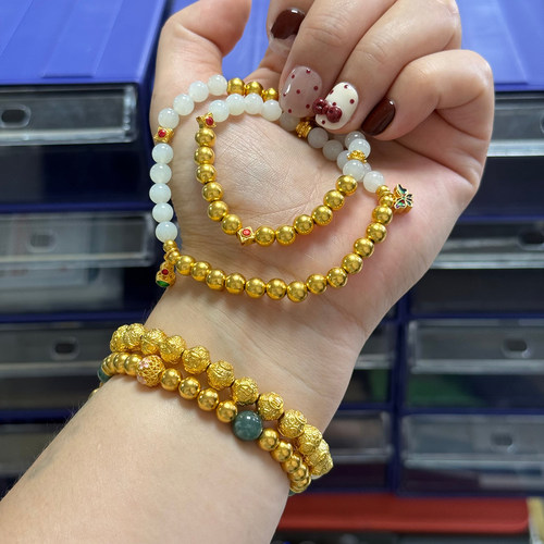 金包银多圈手链圆珠和田玉珐琅彩