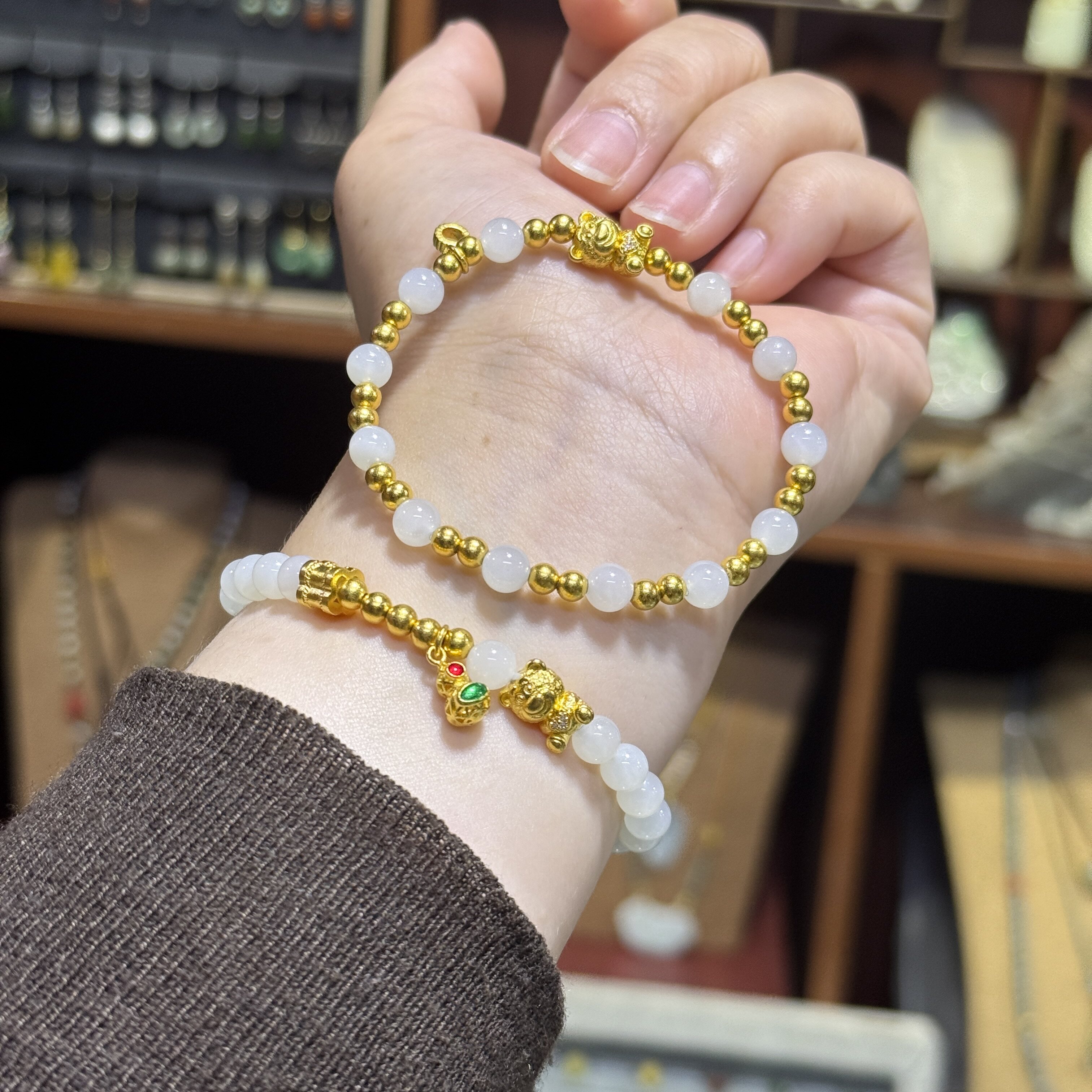 金包银手链diy和田玉圆珠手串百搭简约黄金同款素链送女朋友礼物