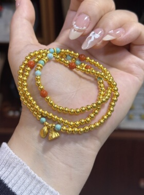 盛尊金包银多圈手链diy两世欢古法圆珠南红绿松多宝项链送女朋友