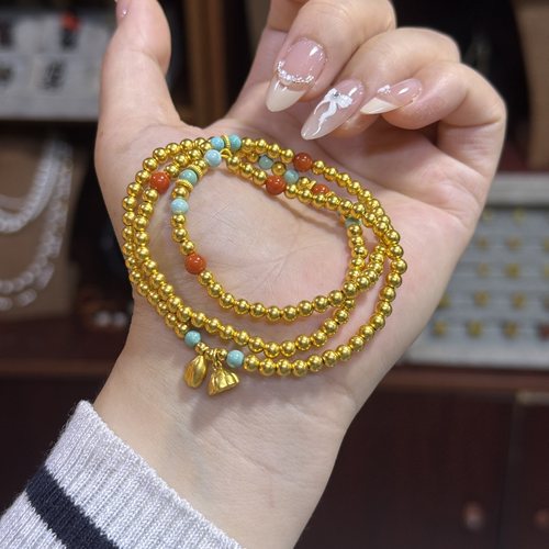 盛尊金包银多圈手链diy两世欢古法圆珠南红绿松多宝项链送女朋友