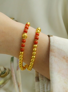 盛尊仿真金手链南红花丝圆珠手串