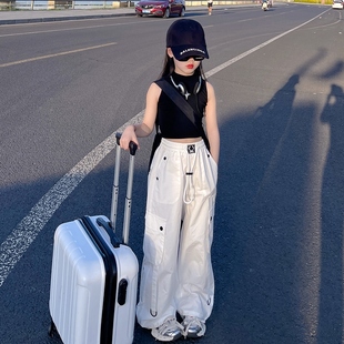 薄款 萌寶街女童白色工裝 夏季 速干美式 褲 子高腰爵士舞休閑洋氣