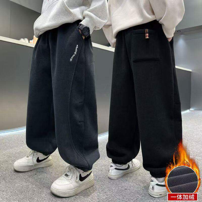 男童冬季加绒裤子儿童新款灯芯绒运动裤中大童秋冬款一体绒束脚裤