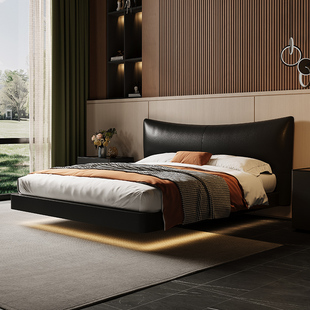 越映香奈尔真皮床黑色2025新款 头层牛皮悬浮半青皮豪华高端双人床