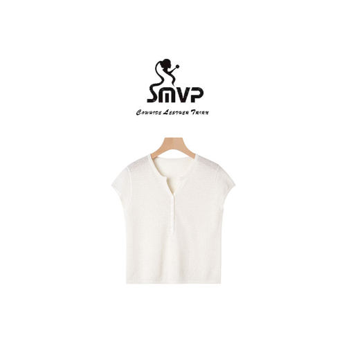 【斌斌专属】夏季桑蚕丝V领半开纽扣套头针织短袖上衣女 PX-2300