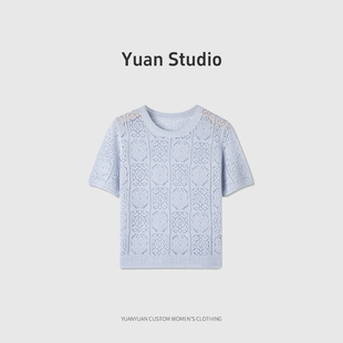 【YUAN】春夏桑蚕丝镂空蕾丝针织百搭气质圆领短袖上衣女 PX-2223