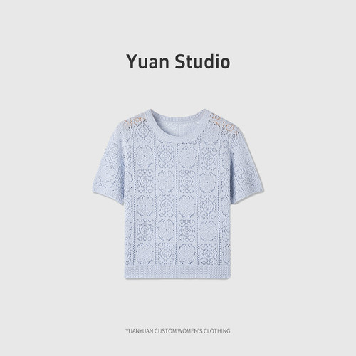 【YUAN】春夏桑蚕丝镂空蕾丝针织百搭气质圆领短袖上衣女 PX-2223