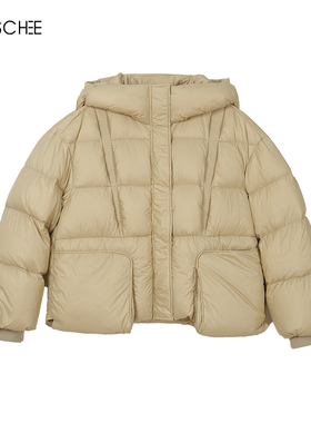 千百惠百搭简约时尚设计感连帽短款羽绒服外套女 431R-56609