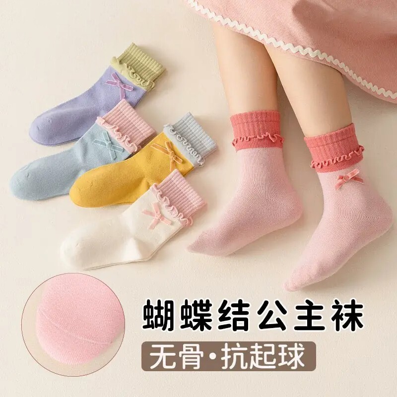 女童秋冬春甜美蝴蝶结中筒棉袜