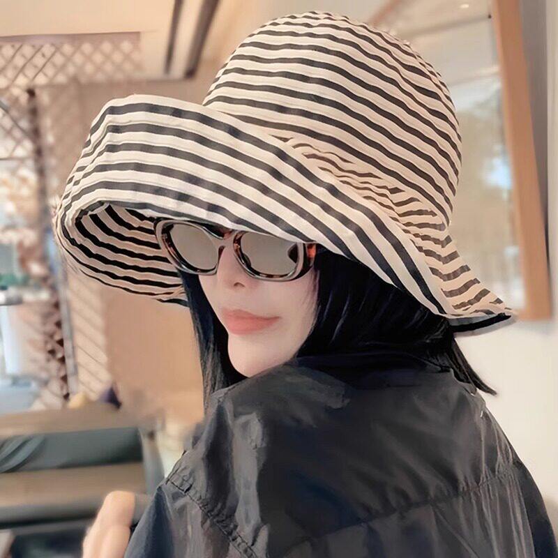 大头围防晒条纹渔夫帽女夏季新款日系可折叠长帽子时尚盆帽太阳帽